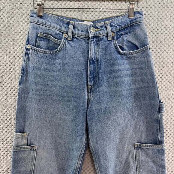 Zara Jeans Womens 4 Blue Medium Wash Cargo Carpenter Straight Legh High Rise - Picture 3 of 13
